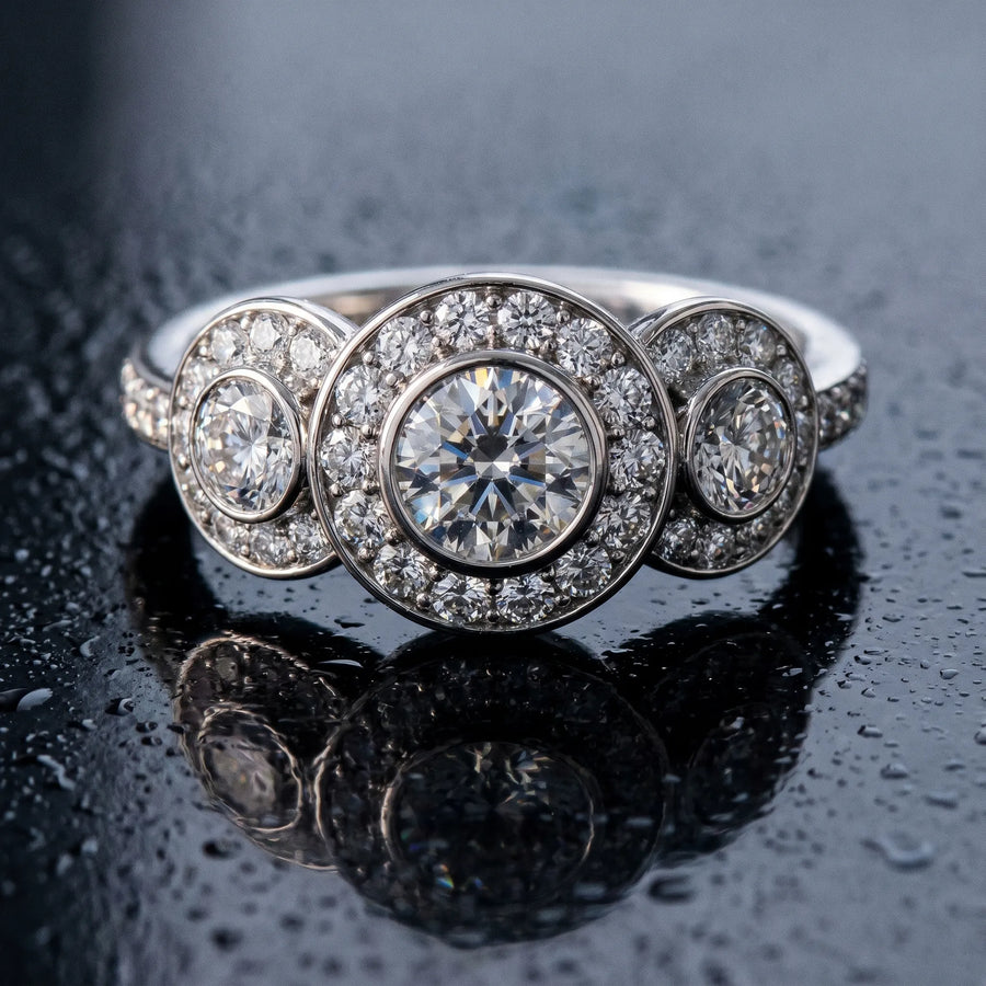 White gold Three-Stone Round Halo Pavé Diamond Ring