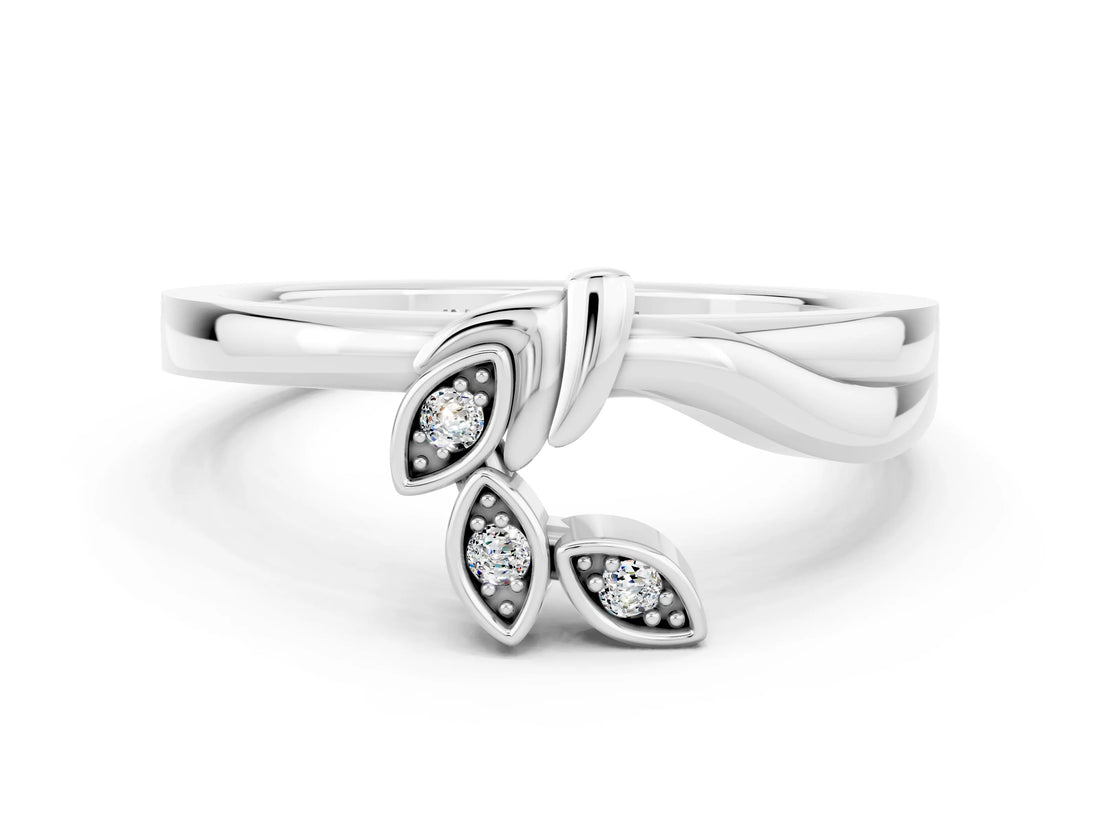 White gold Three-Stone Round Moissanite Leaf Bypass Ring with Bezel Setting_6