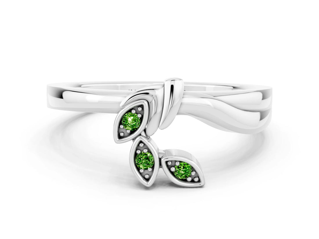 White gold Three-Stone Round Peridot Leaf Bypass Ring with Bezel Setting_6