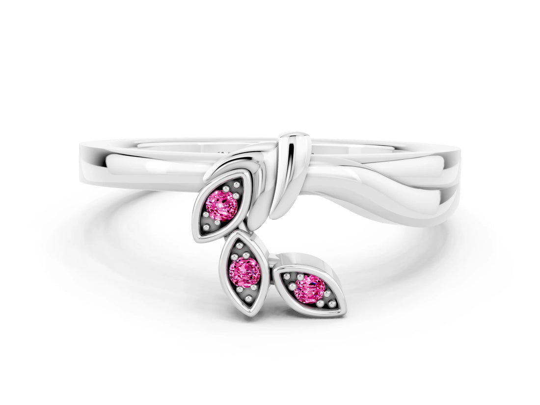 White gold Three-Stone Round Pink Sapphire Leaf Bypass Ring with Bezel Setting_18