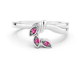 White gold Three-Stone Round Pink Sapphire Leaf Bypass Ring with Bezel Setting_18
