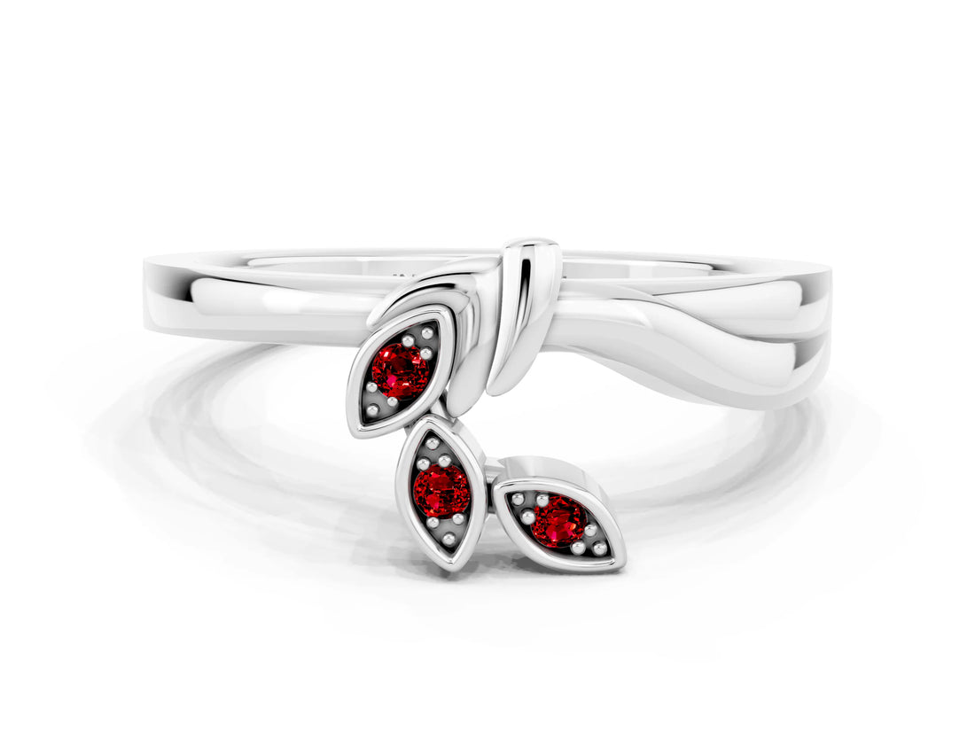 White gold Three-Stone Round Ruby Leaf Bypass Ring with Bezel Setting_6