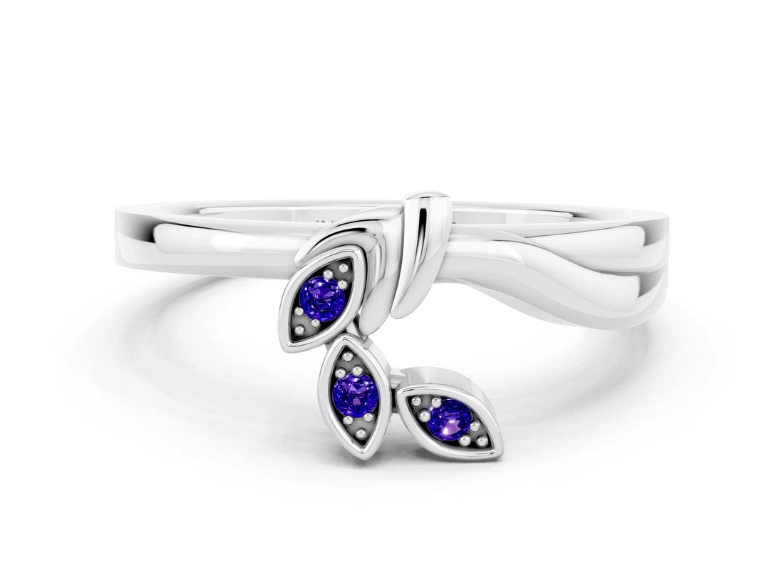 White gold Three-Stone Round Tanzanite Leaf Bypass Ring with Bezel Setting_6