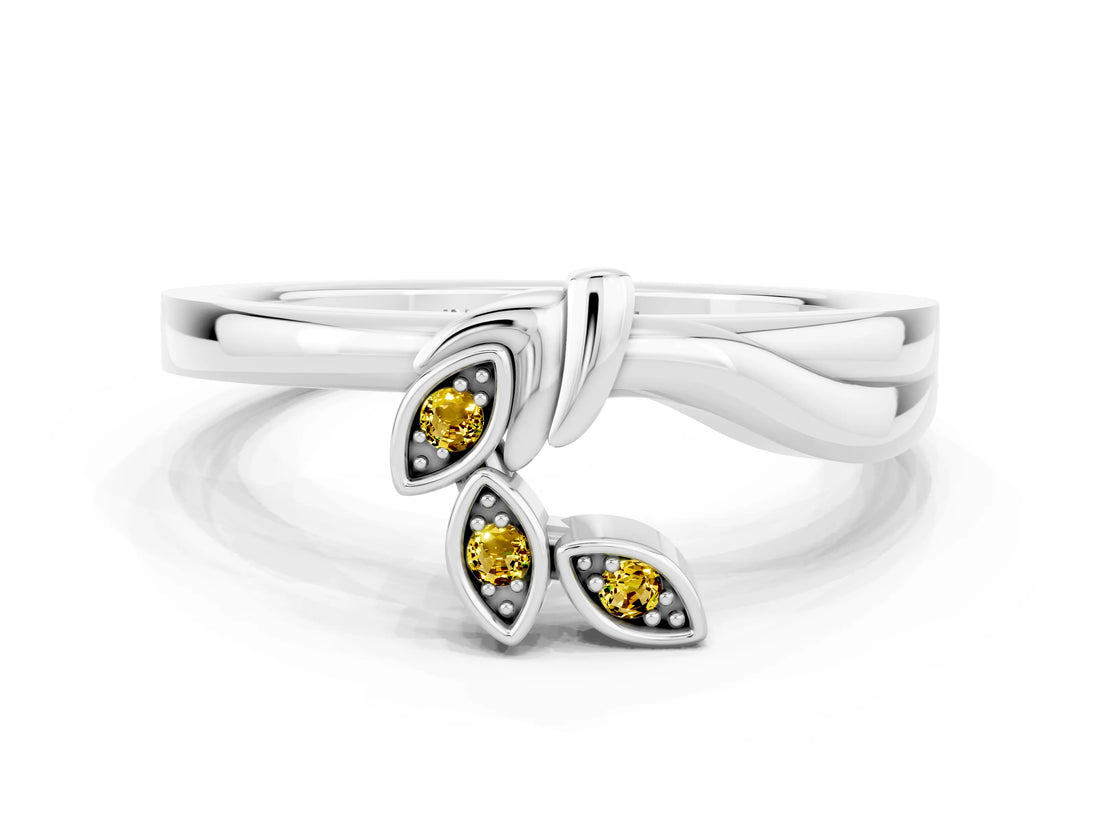White gold Three-Stone Round Yellow Sapphire Leaf Bypass Ring with Bezel Setting_18