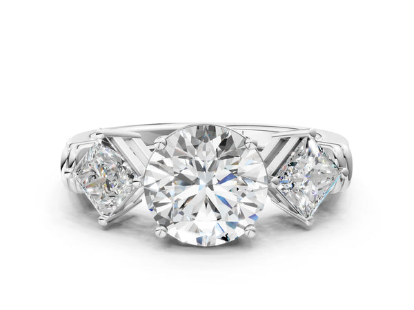 White gold Three-Stone Round and Princess Cut Diamond Ring with Channel Band and Four-Prong Setting
