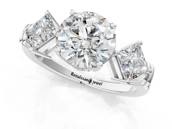 White gold Three-Stone Round and Princess Cut Diamond Ring with Channel Band and Four-Prong Setting