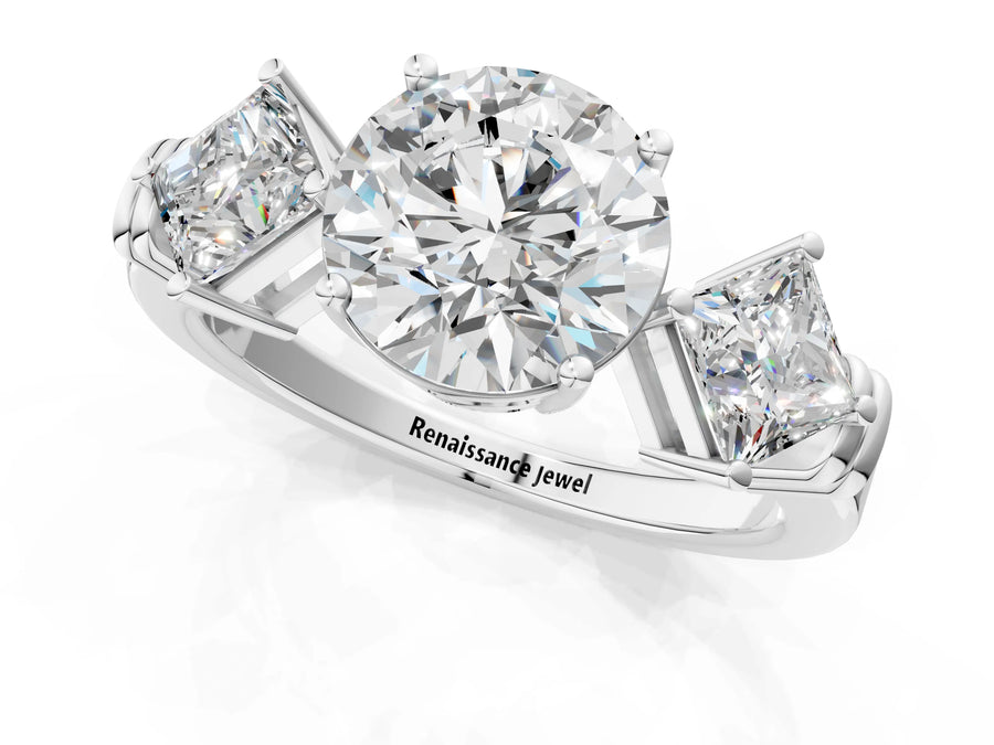 White gold Three-Stone Round and Princess Cut Diamond Ring with Channel Band and Four-Prong Setting