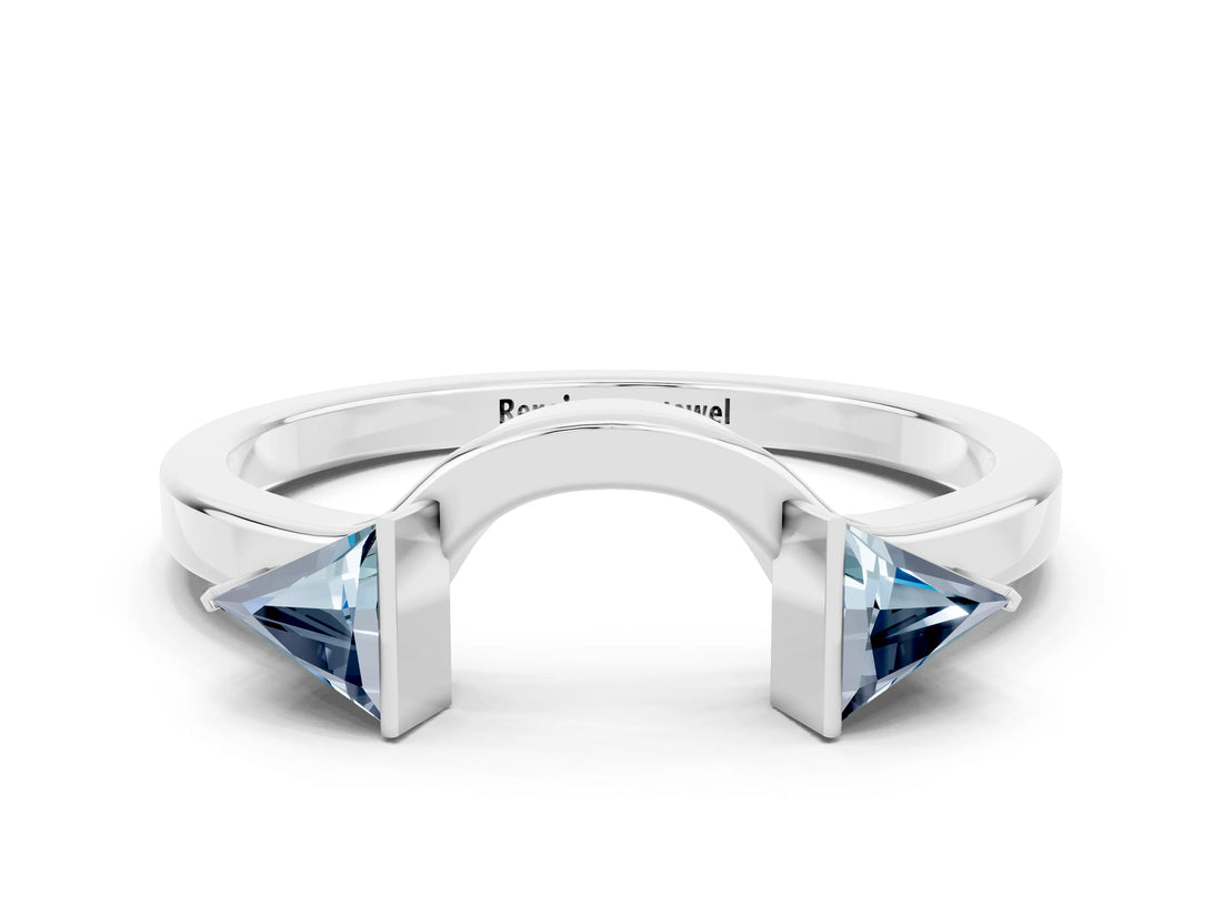 White gold Trillion Aquamarine Open Band Ring with Bezel Setting_6