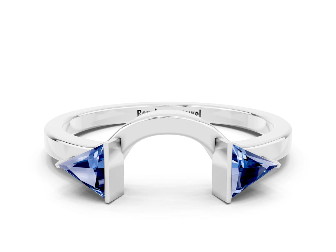 White gold Trillion Blue Sapphire Open Band Ring with Bezel Setting_6