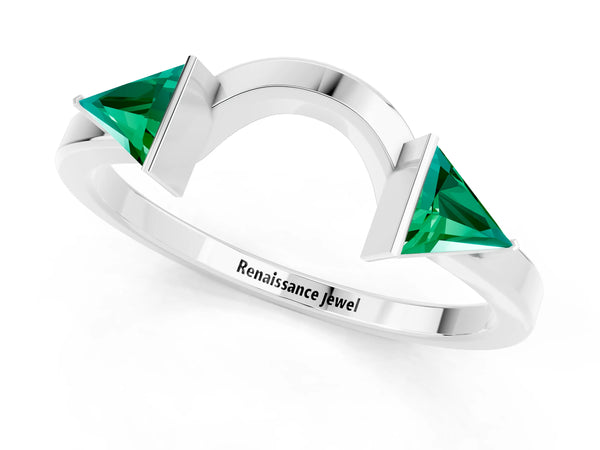 Sterling Silver Trillion Lab-Grown Emerald Two Stone Arched Contour Band with Half Bezels