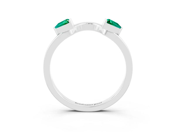 Sterling Silver Trillion Lab-Grown Emerald Two Stone Arched Contour Band with Half Bezels