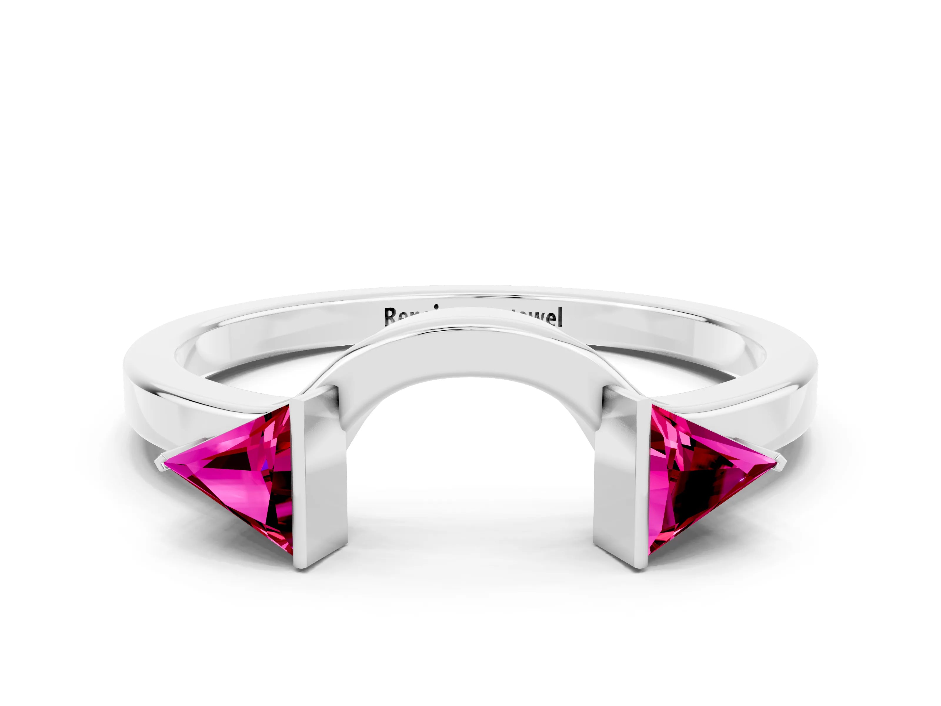 White gold Trillion Garnet Open Band Ring with Bezel Setting_6