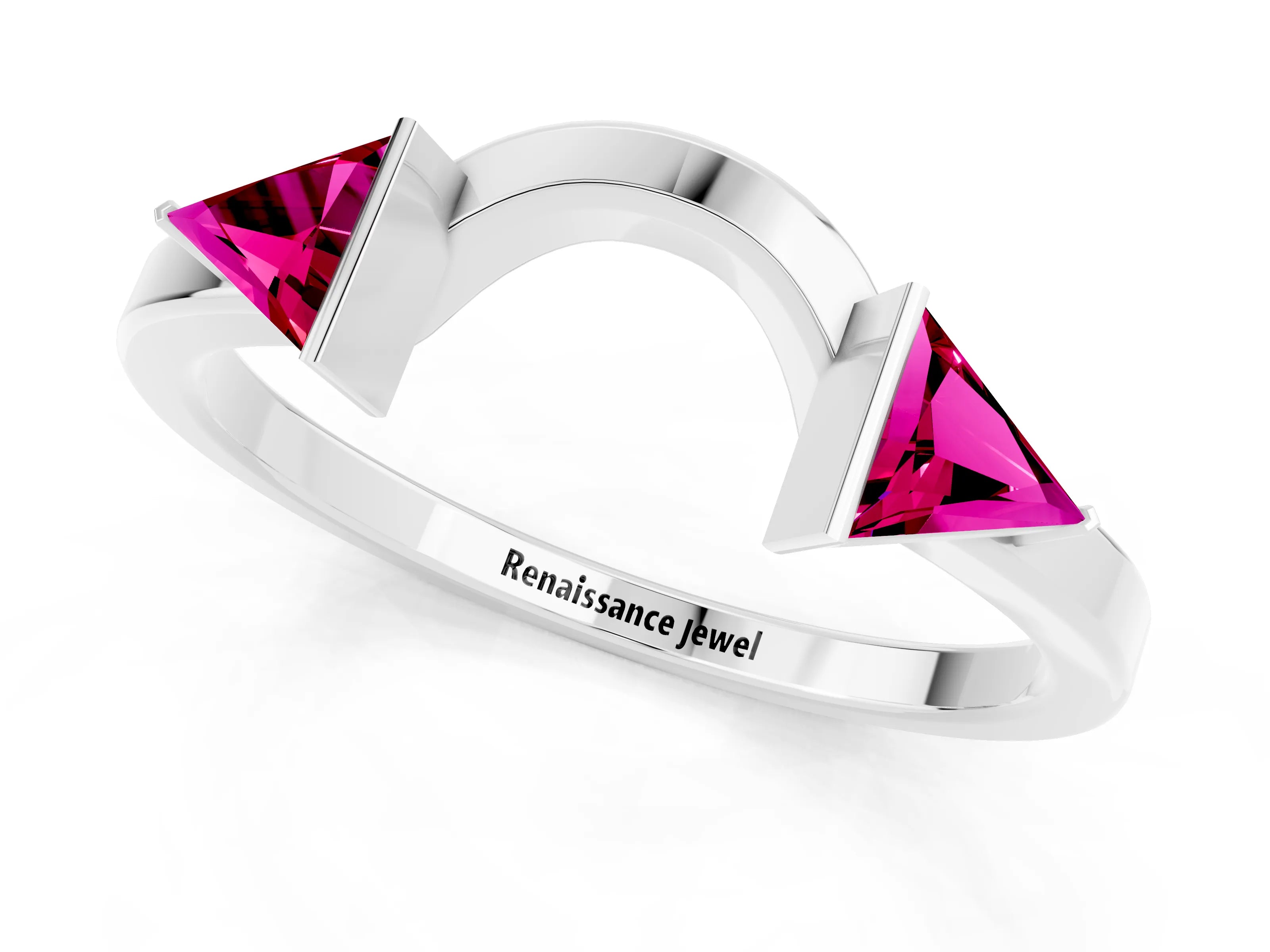 White gold Trillion Garnet Open Band Ring with Bezel Setting_7