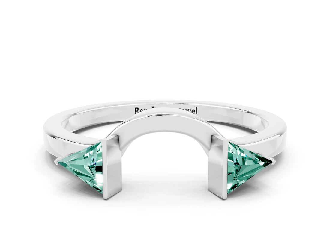 White gold Trillion Green Sapphire Open Band Ring with Bezel Setting_6