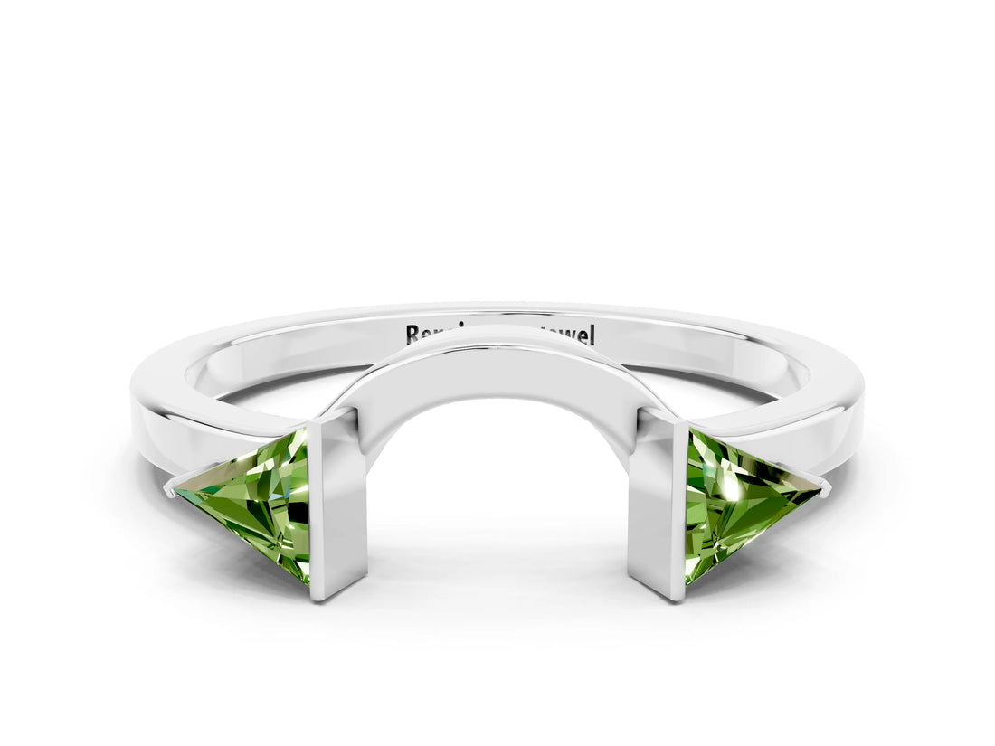 White gold Trillion Peridot Open Band Ring with Bezel Setting_6