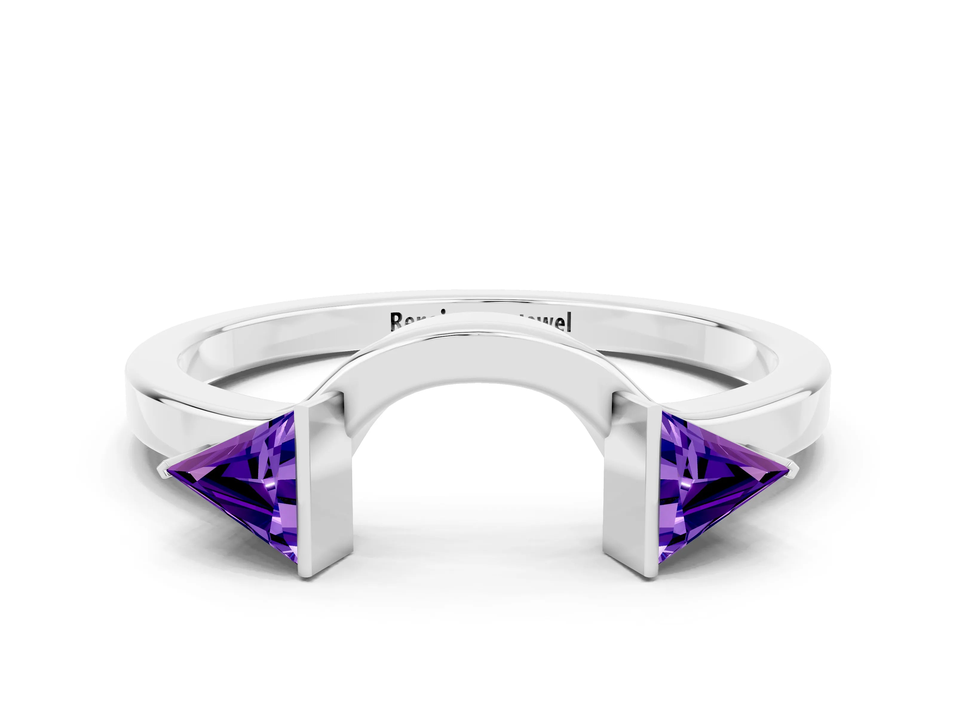White gold Trillion Tanzanite Open Band Ring with Bezel Setting_6