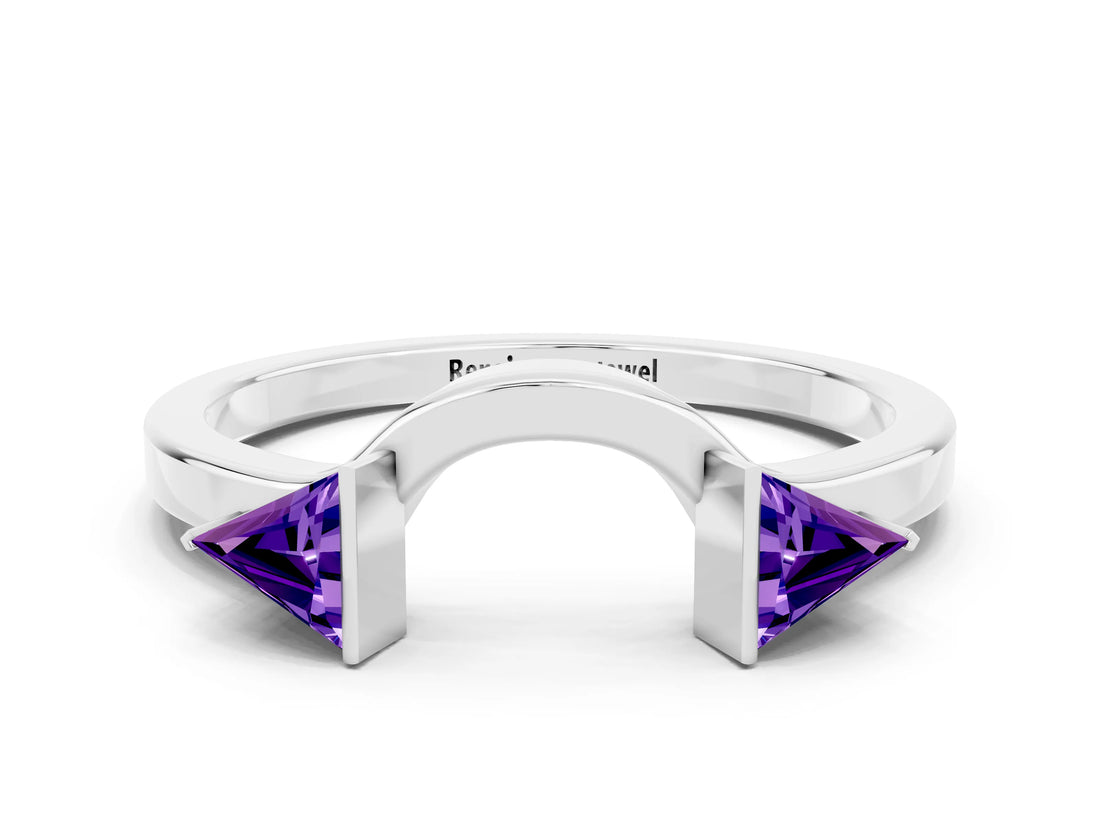 White gold Trillion Tanzanite Open Band Ring with Bezel Setting_6
