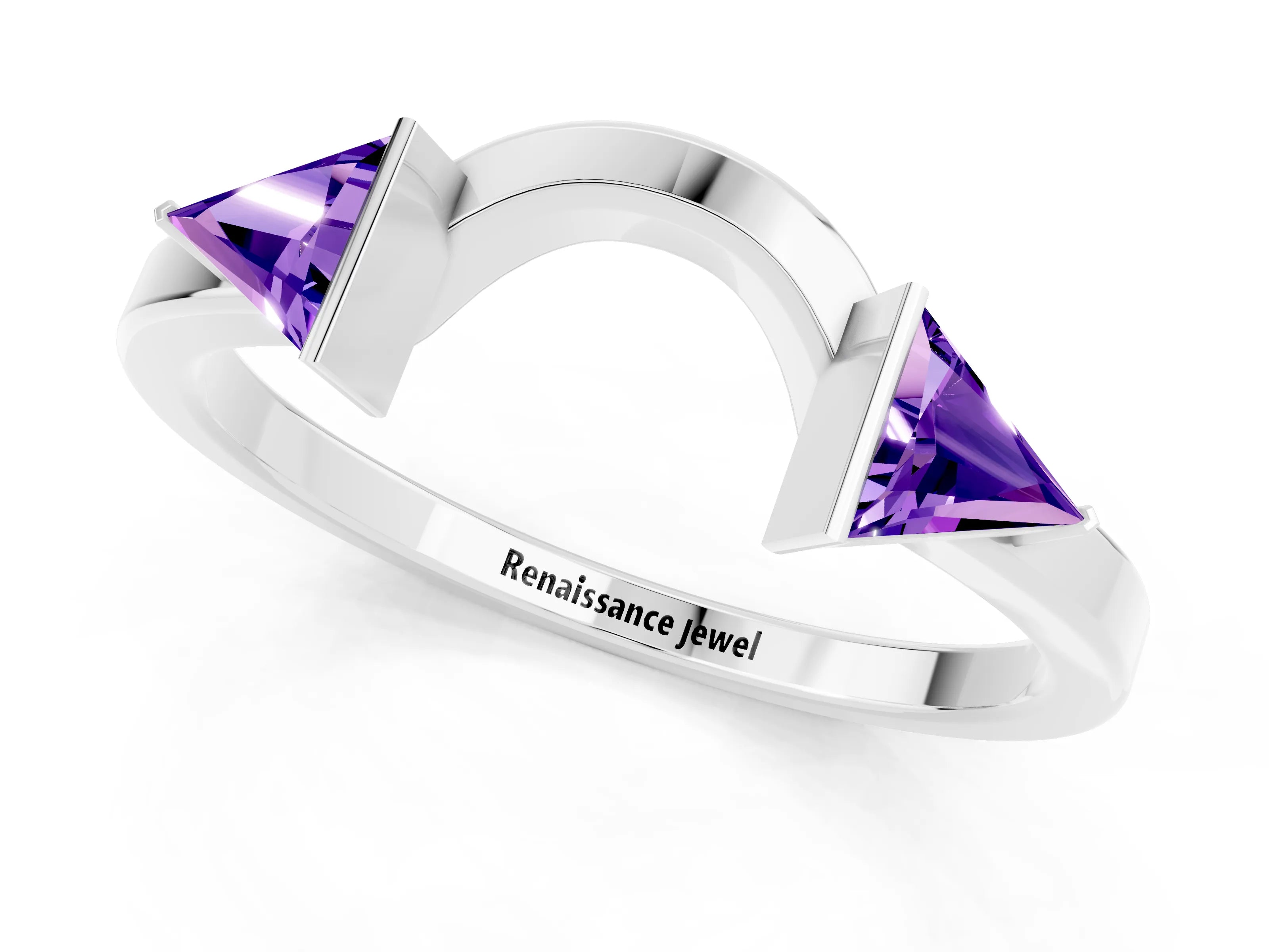 White gold Trillion Tanzanite Open Band Ring with Bezel Setting_7