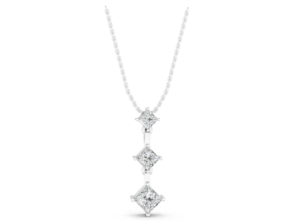 White gold Triple Princess Cut Drop Pendant with Four-Prong Setting