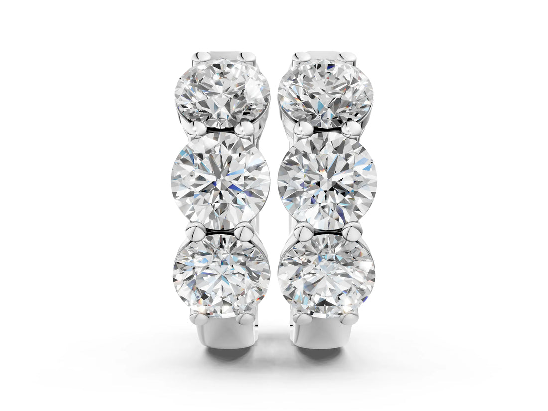 White gold Triple Round Diamond Huggie Earrings with Prong Setting_18