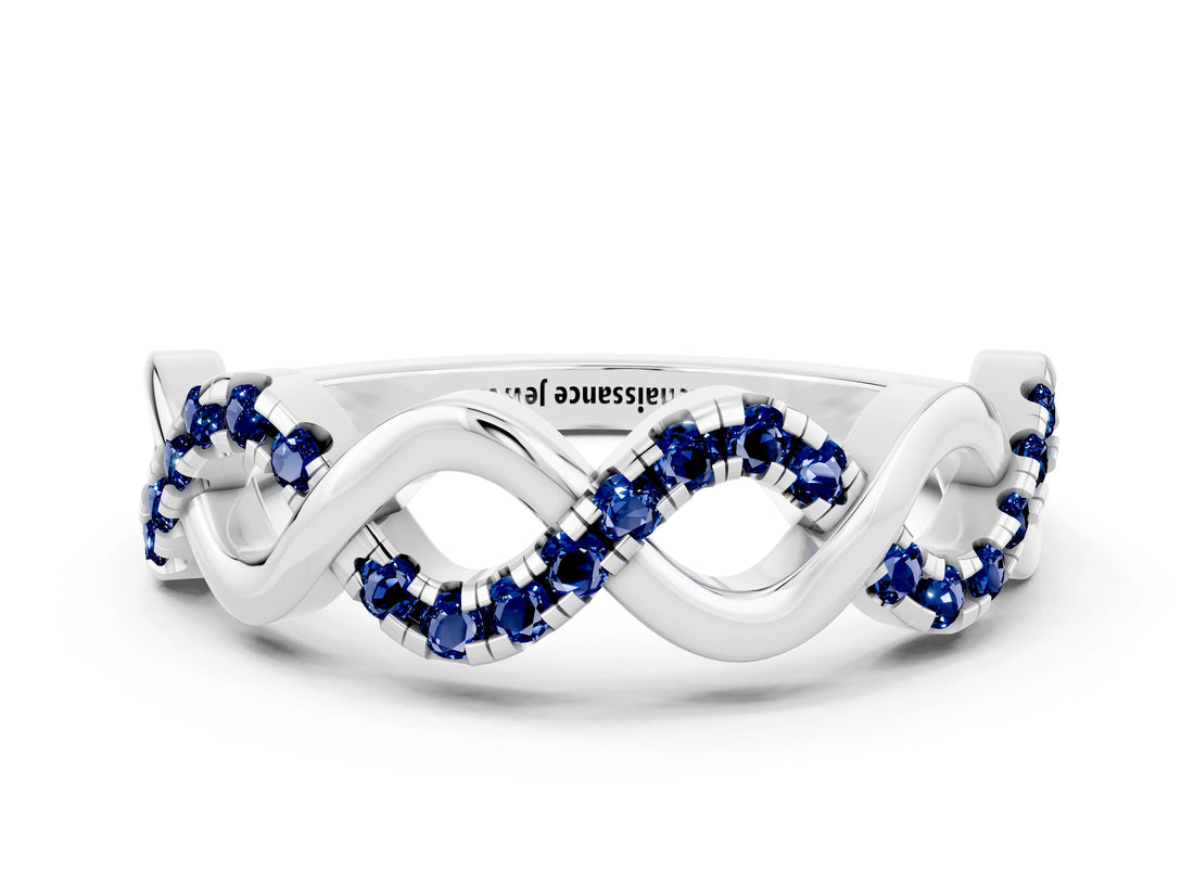 White gold Twist Infinity Round Blue Sapphire Band with Pavé Setting_6