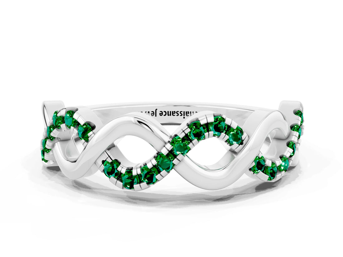 White gold Twist Infinity Round Emerald Band with Pavé Setting_6