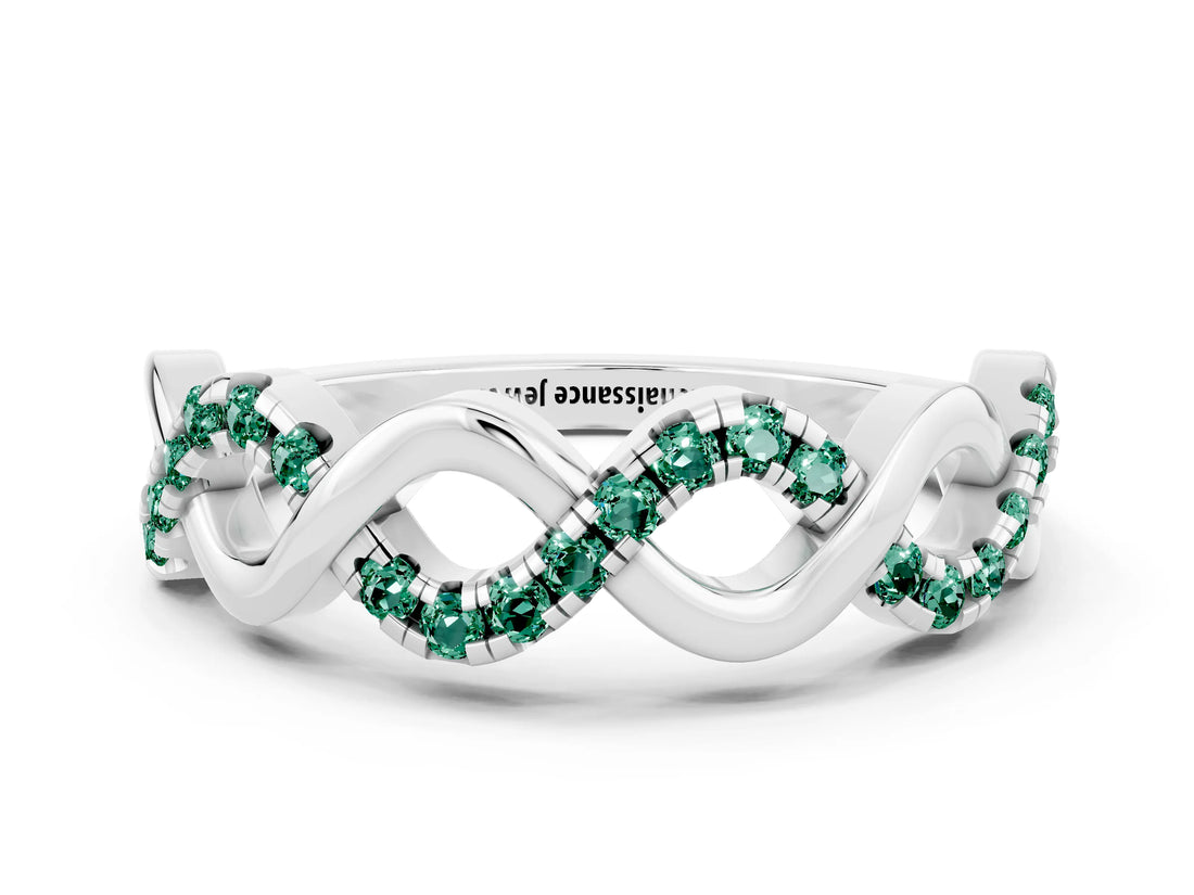 White gold Twist Infinity Round Green Sapphire Band with Pavé Setting_6