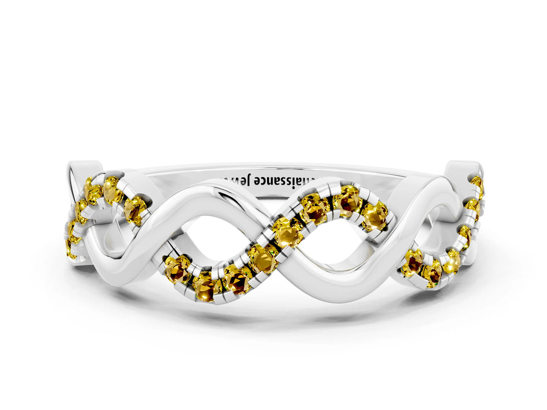 White gold Twist Infinity Round Yellow Sapphire Band with Pavé Setting_6
