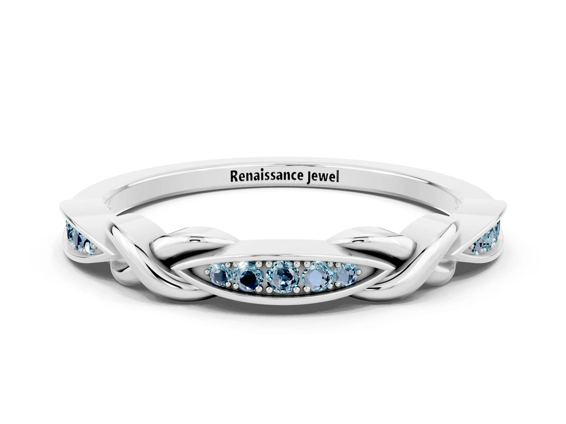 White gold Twisted Aquamarine Marquise Pavé Band with Shared Prong Setting_6