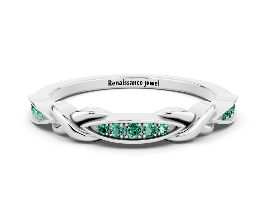White gold Twisted Marquise Green Sapphire Pavé Band with Shared Prong Setting_29