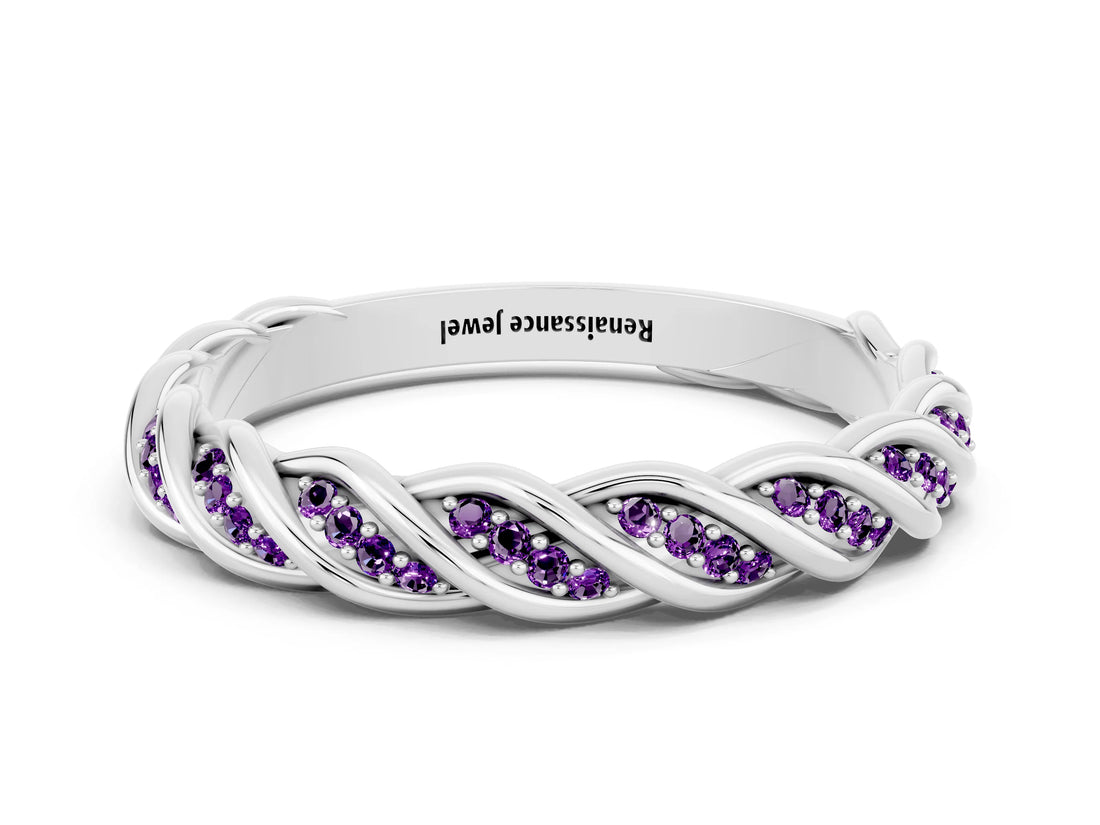 White gold Twisted Pavé Round Amethyst Eternity Band with Shared Prong Setting_6