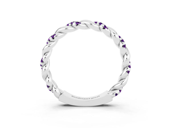 Platinum Round Amethyst Twisted Rope Pave Wedding Band