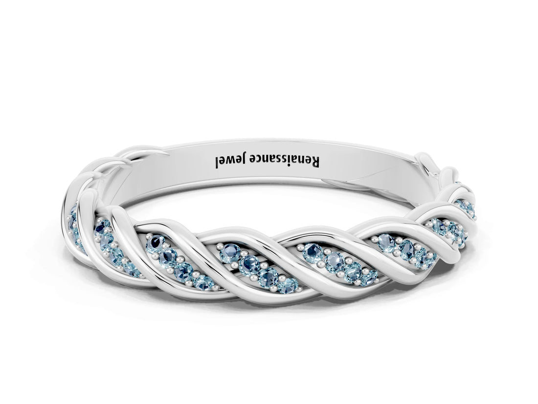 White gold Twisted Pavé Round Aquamarine Eternity Band with Shared Prong Setting_6
