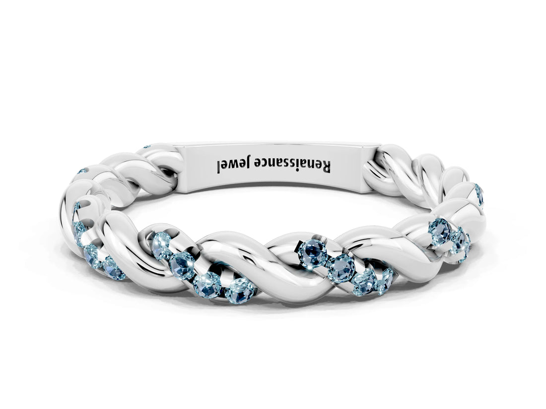 White gold Twisted Pavé Round Aquamarine Eternity Band_6