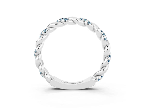 Platinum Round Aquamarine Twisted Rope Pave Wedding Band