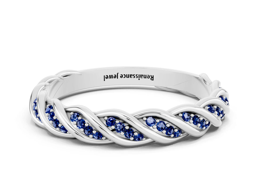 White gold Twisted Pavé Round Blue Sapphire Eternity Band with Shared Prong Setting_6