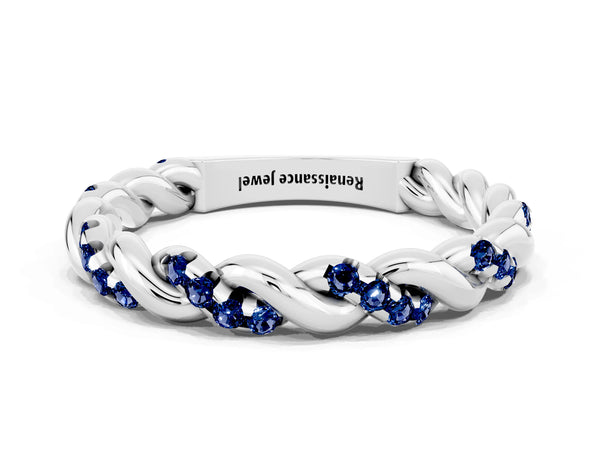 Platinum Round Lab-Grown Blue Sapphire Twisted Rope Pave Wedding Band