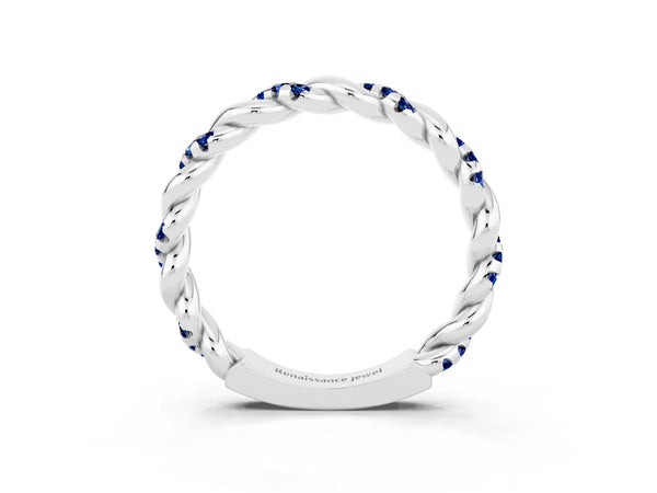 Platinum Round Lab-Grown Blue Sapphire Twisted Rope Pave Wedding Band