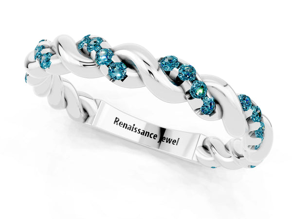 Platinum Round Blue Topaz Twisted Rope Pave Wedding Band