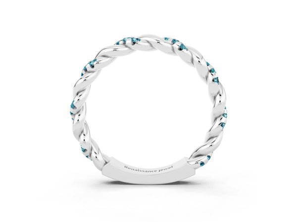 Platinum Round Blue Topaz Twisted Rope Pave Wedding Band