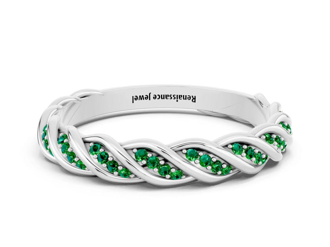 White gold Twisted Pavé Round Emerald Eternity Band with Shared Prong Setting_6