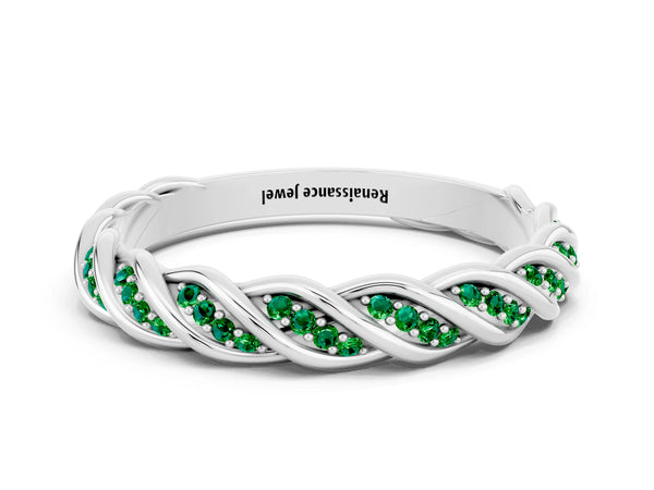 Platinum Round Lab-Grown Emerald Twisted Rope Pave Half Eternity Wedding Band