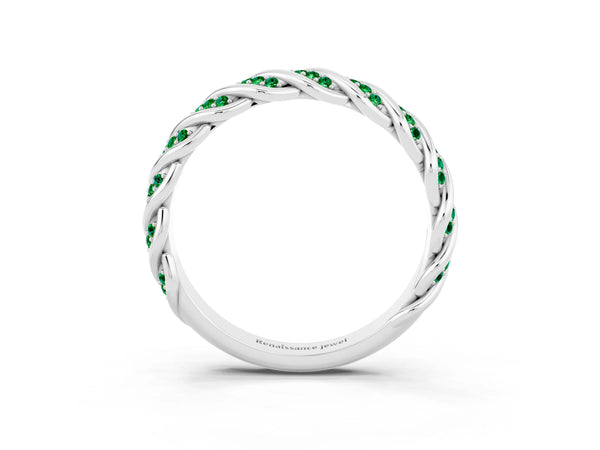 Platinum Round Lab-Grown Emerald Twisted Rope Pave Half Eternity Wedding Band