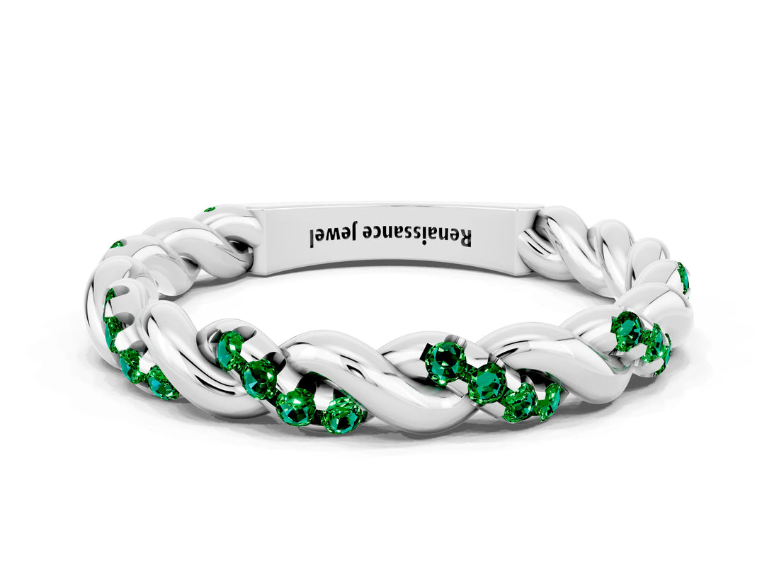 White gold Twisted Pavé Round Emerald Eternity Band_6