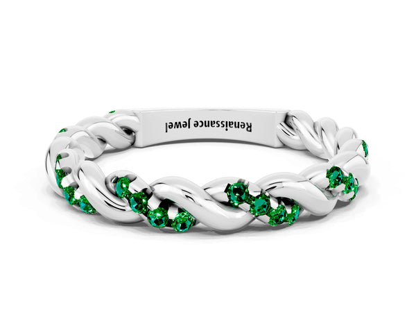 Sterling Silver Round Lab-Grown Emerald Twisted Rope Pave Wedding Band