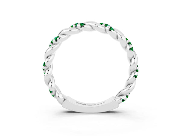 Platinum Round Lab-Grown Emerald Twisted Rope Pave Wedding Band