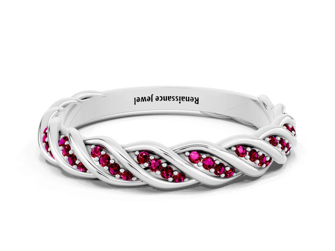 White gold Twisted Pavé Round Garnet Eternity Band with Shared Prong Setting_6