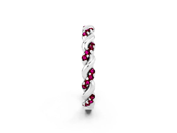 Platinum Round Garnet Twisted Rope Pave Wedding Band