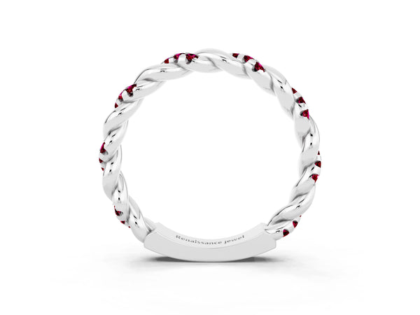 Platinum Round Garnet Twisted Rope Pave Wedding Band