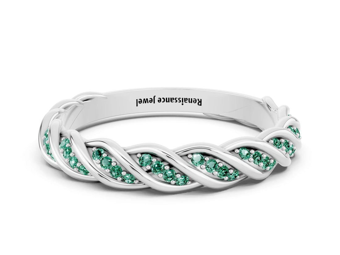 White gold Twisted Pavé Round Green Sapphire Eternity Band with Shared Prong Setting_6